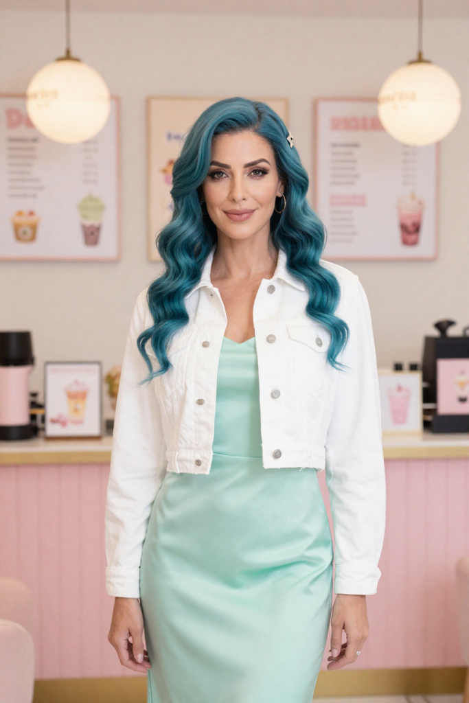 MemeToken mascot portrait: a fictional adult woman with long wavy teal-blue hair and a white denim jacket over a mint satin dress, pastel bubble-tea cafe